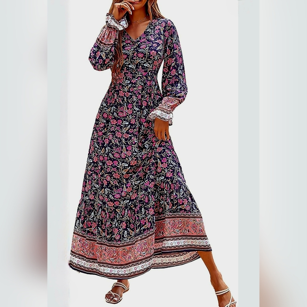 PrettyGarden Women's Long Sleeve Boho Casual Flowy Floral Maxi Dress Sz XL